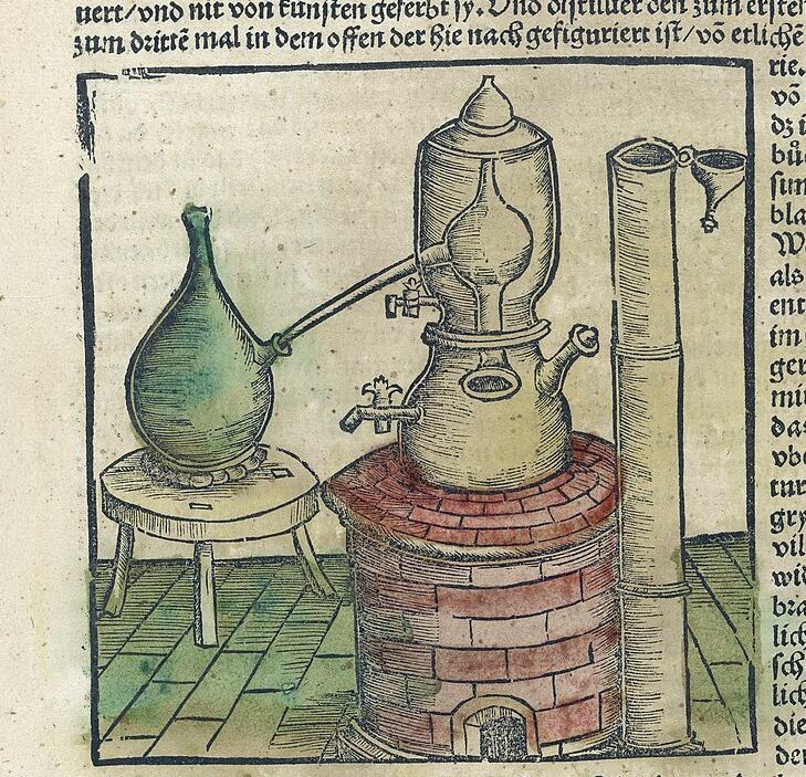 Alambique de destilação. Hieronymus Brunschwig, Liber de arte distillandi de compositis, 1512.