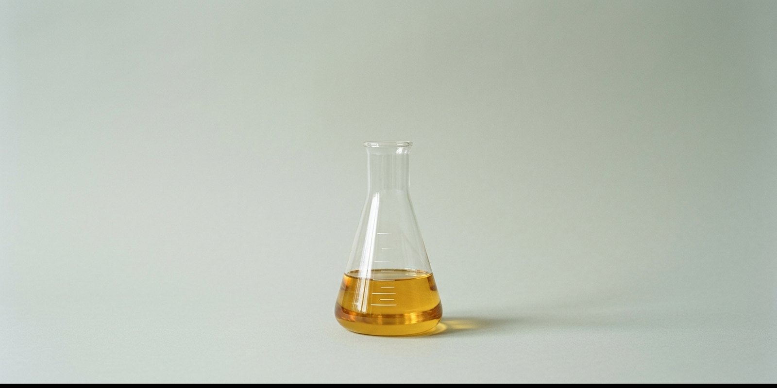 Frasco de Erlenmeyer de vidro com óleo dourado, sobre papel sálvia