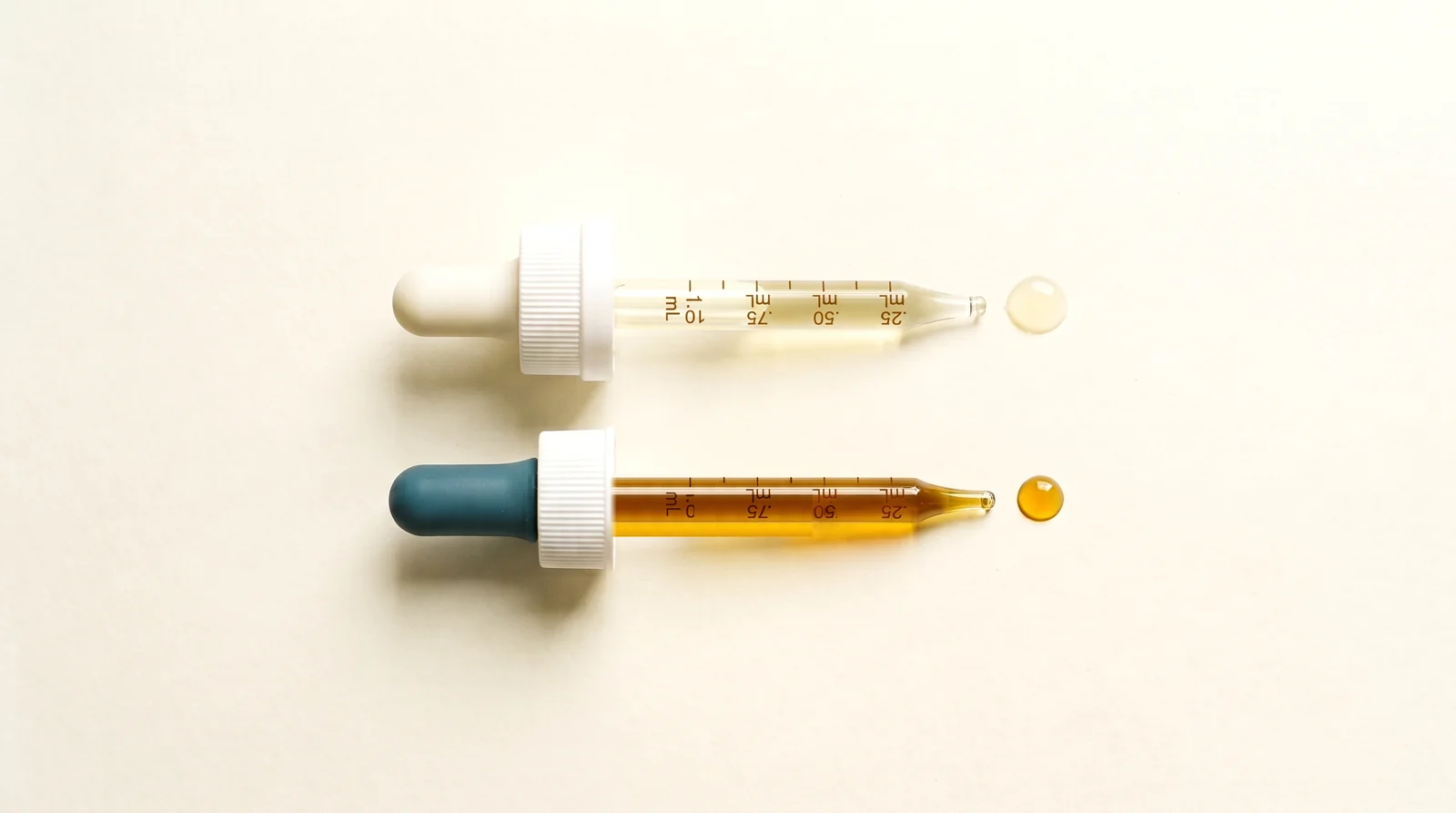 Duas pipetas graduadas em mL com óleo, uma de bulbo branco e outra de bulbo azul petróleo